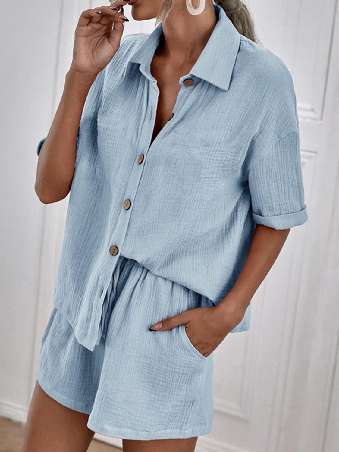 Button Up Short Sleeve Top and Shorts Set - Loulou Boutique