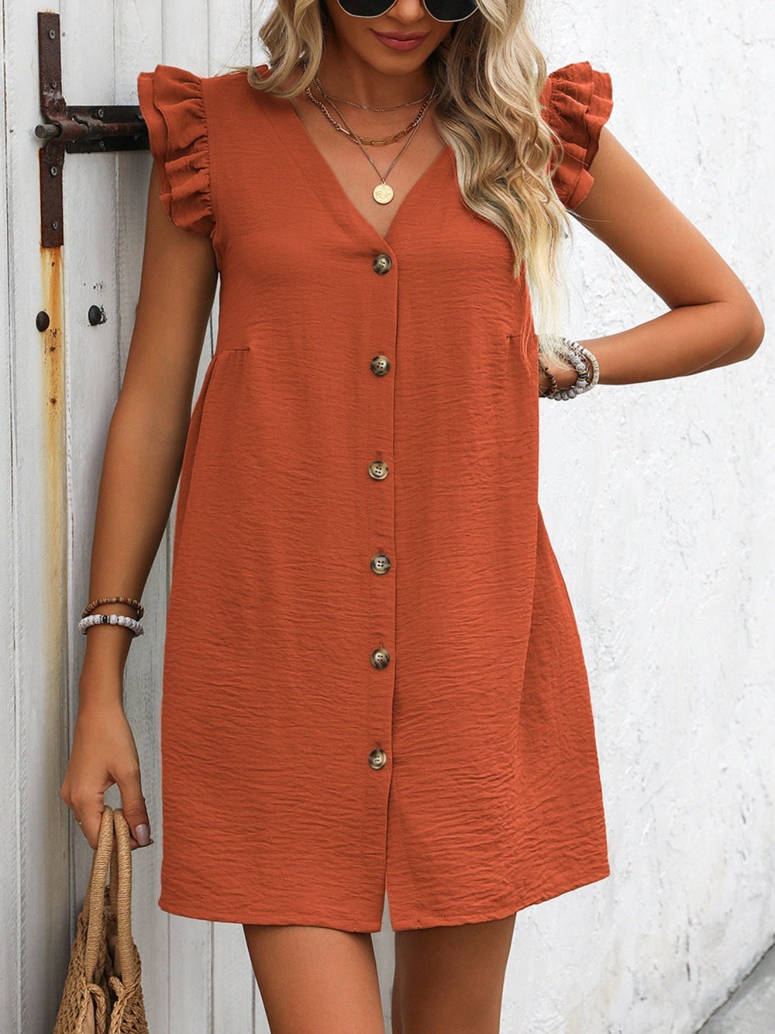 Button Up V - Neck Cap Sleeve Mini Dress - Loulou Boutique