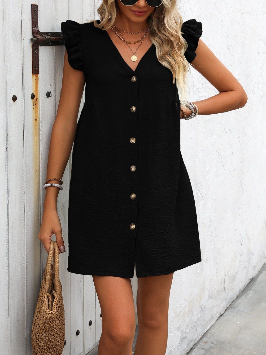 Button Up V - Neck Cap Sleeve Mini Dress - Loulou Boutique