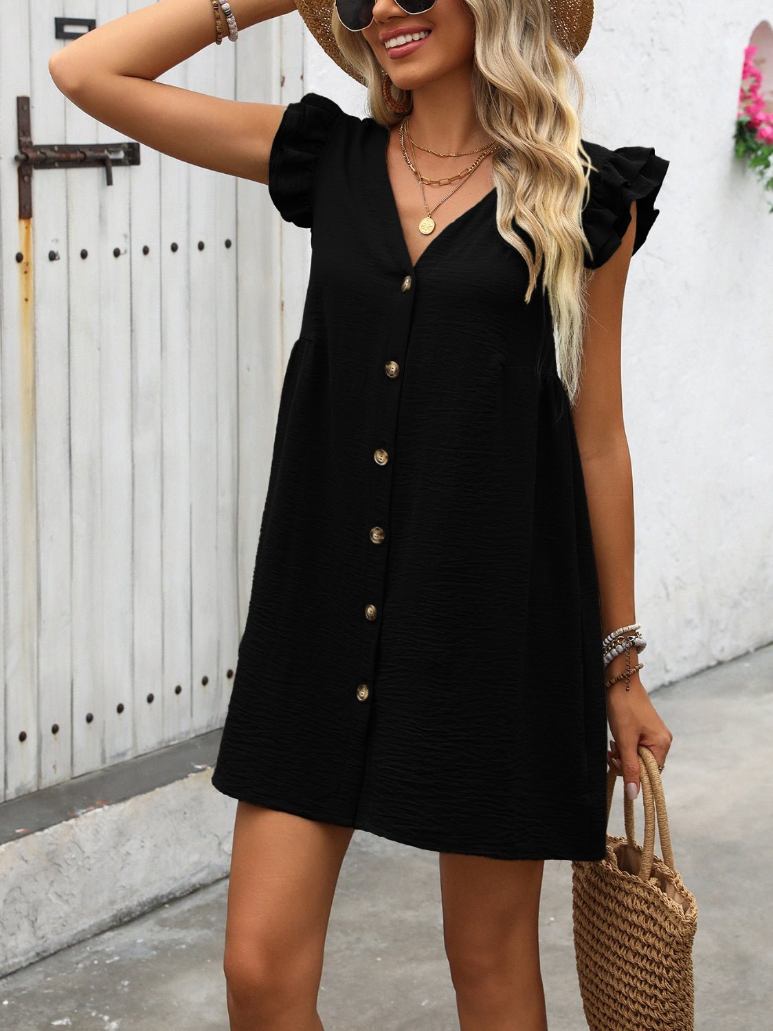 Button Up V - Neck Cap Sleeve Mini Dress - Loulou Boutique