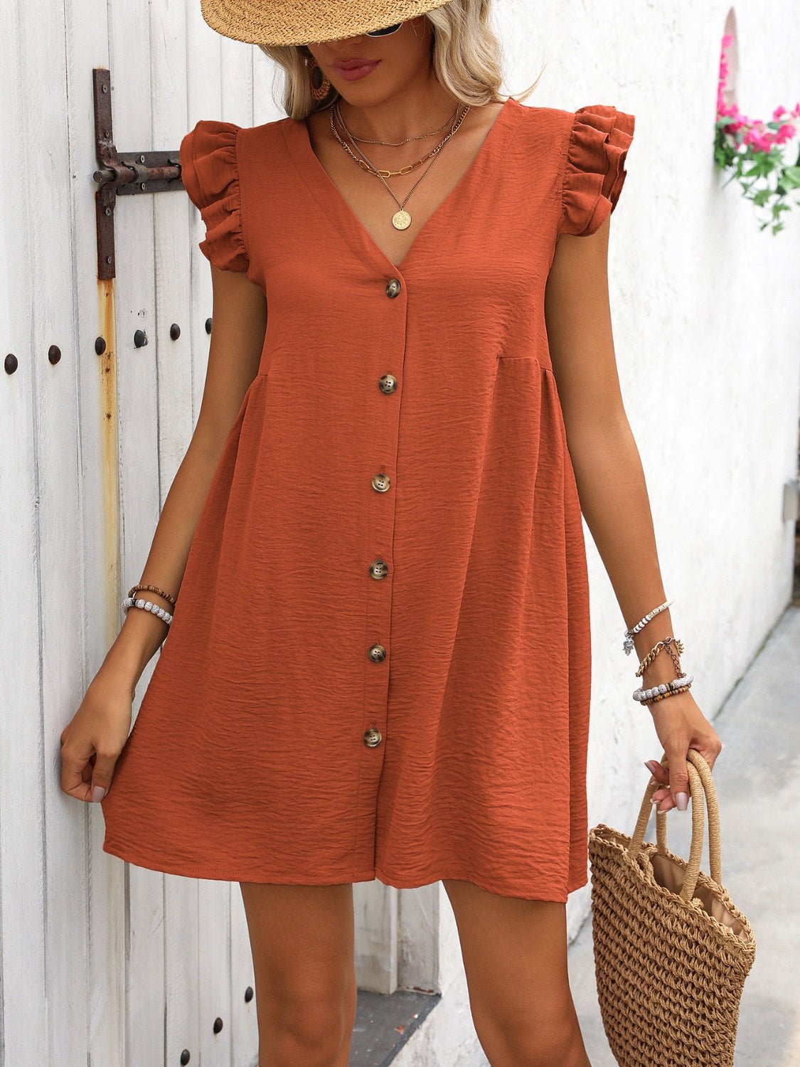 Button Up V - Neck Cap Sleeve Mini Dress - Loulou Boutique