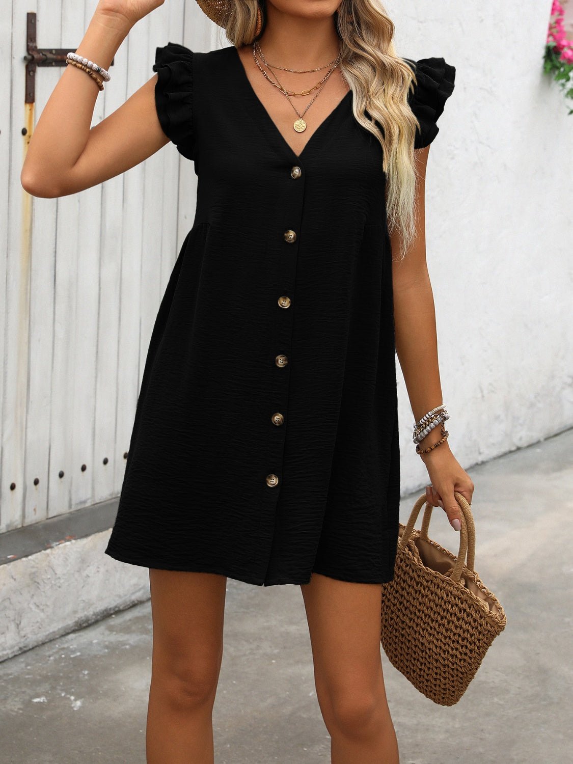 Button Up V - Neck Cap Sleeve Mini Dress - Loulou Boutique