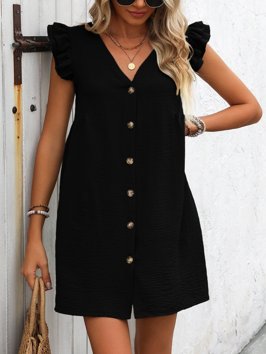 Button Up V - Neck Cap Sleeve Mini Dress - Loulou Boutique