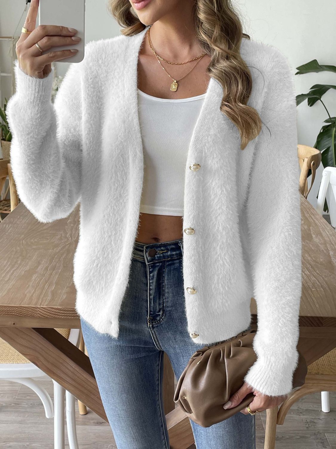 Button Up V - Neck Long Sleeve Cardigan - Loulou Boutique