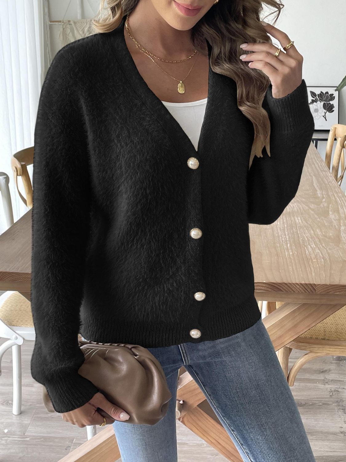 Button Up V - Neck Long Sleeve Cardigan - Loulou Boutique