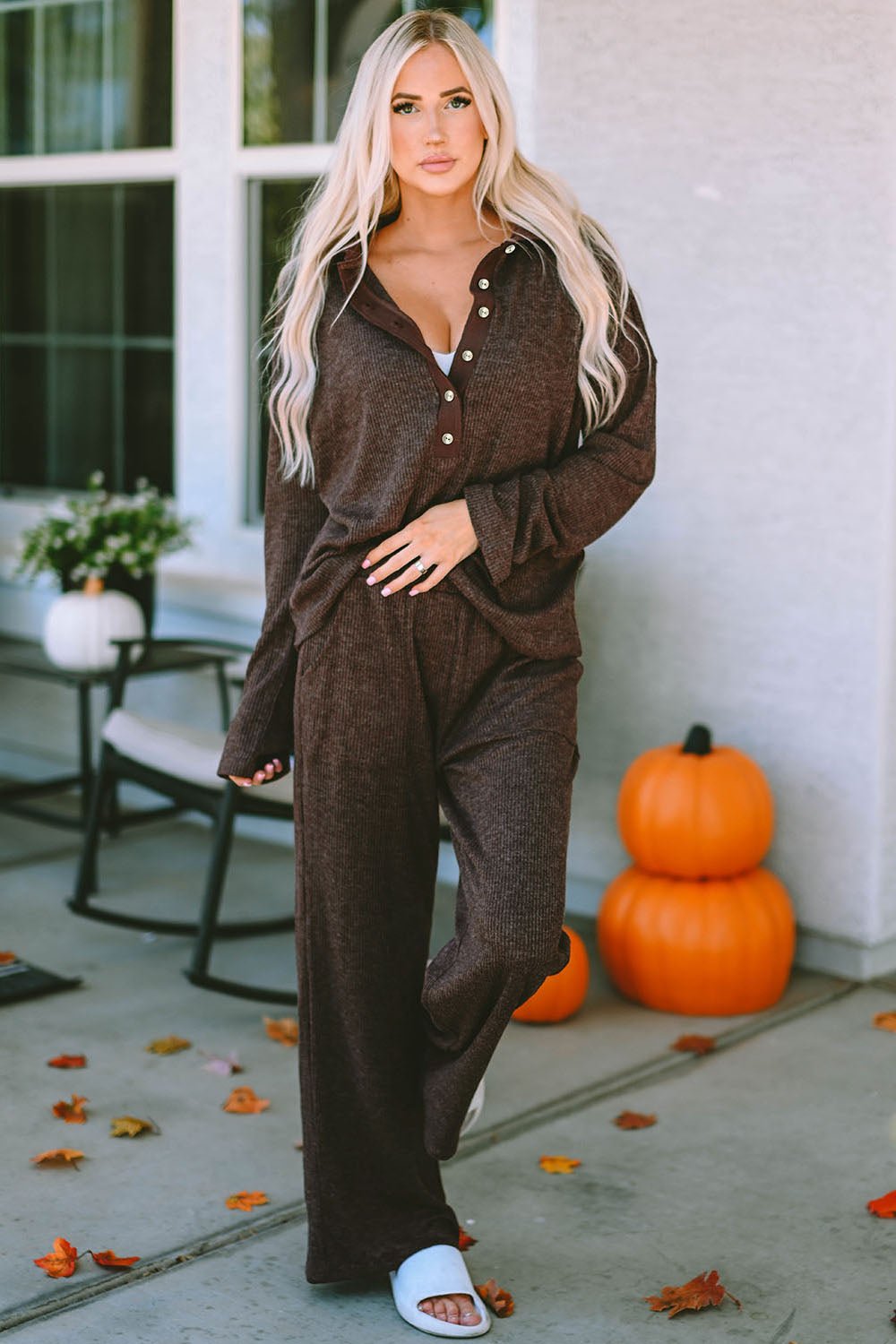 Buttoned Long Sleeve Top and Long Pants Lounge Set - Loulou Boutique