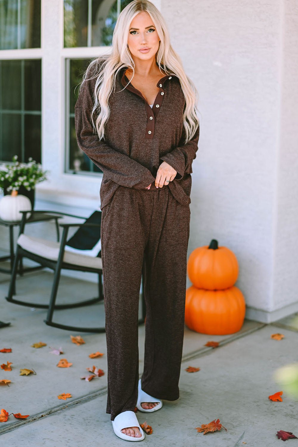 Buttoned Long Sleeve Top and Long Pants Lounge Set - Loulou Boutique