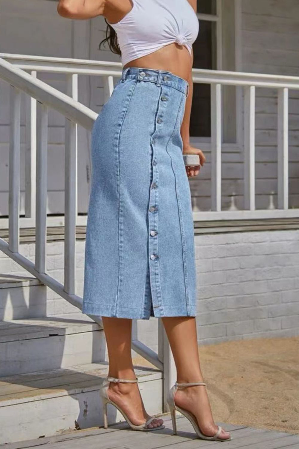 Buttoned Split Denim Skirt - Loulou Boutique