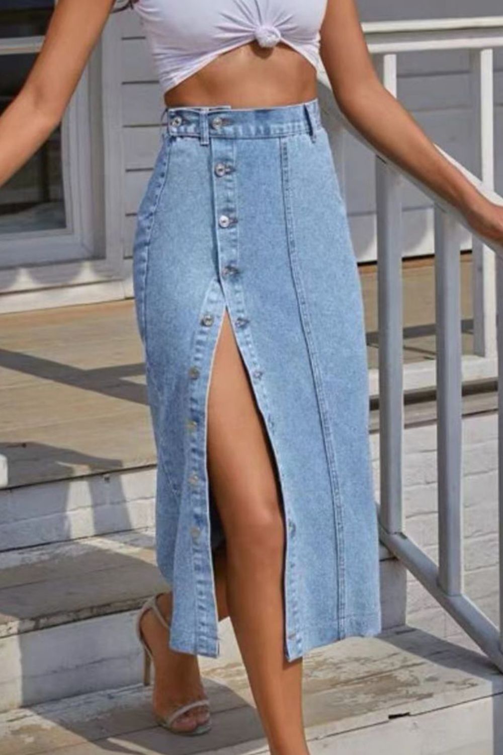 Buttoned Split Denim Skirt - Loulou Boutique