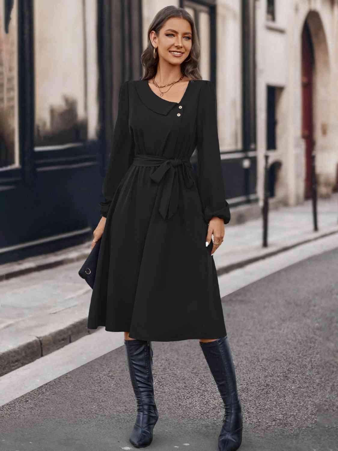 Buttoned Tie Front Long Sleeve Asymmetrical Neck Dress - Loulou Boutique