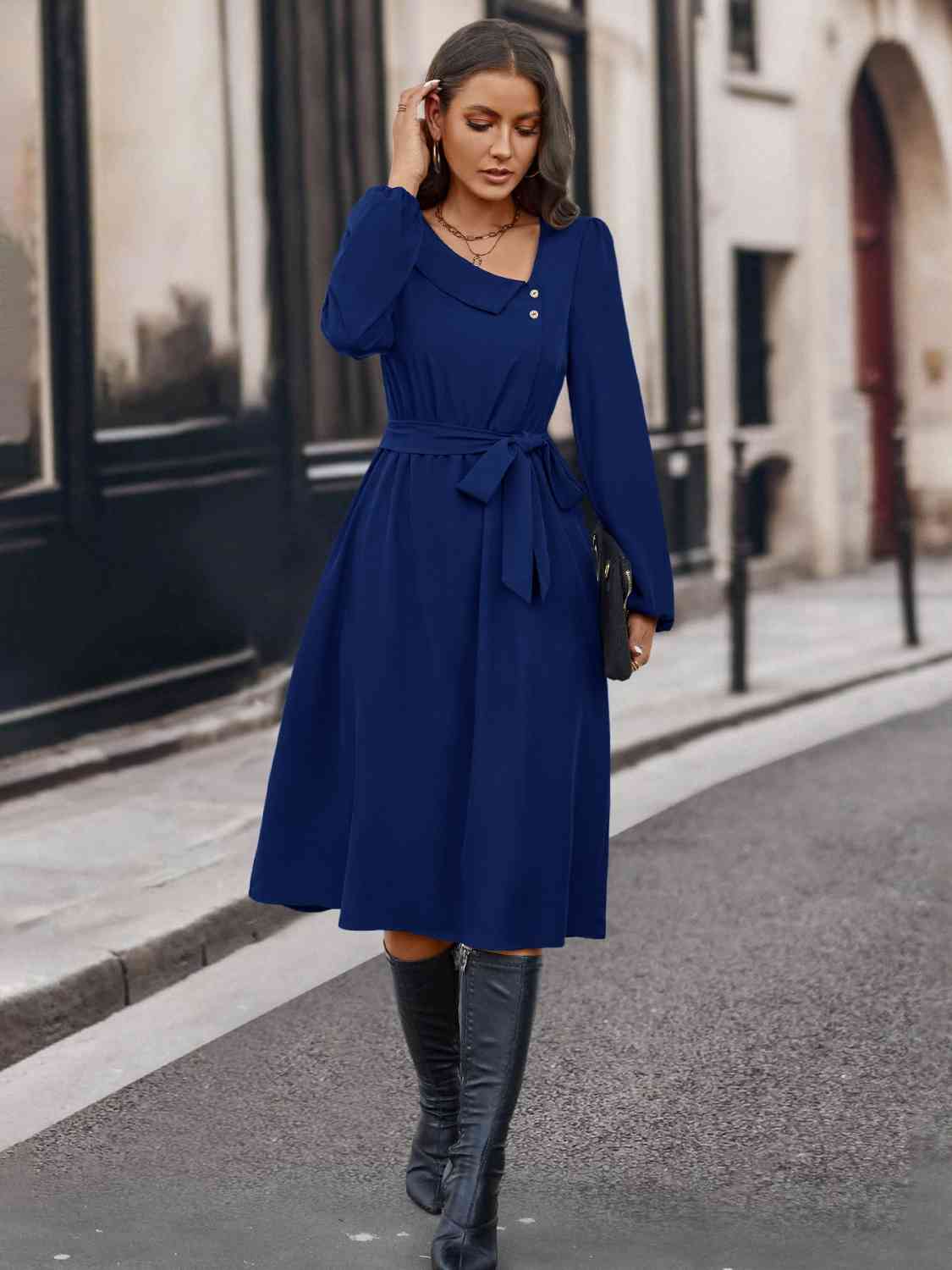 Buttoned Tie Front Long Sleeve Asymmetrical Neck Dress - Loulou Boutique
