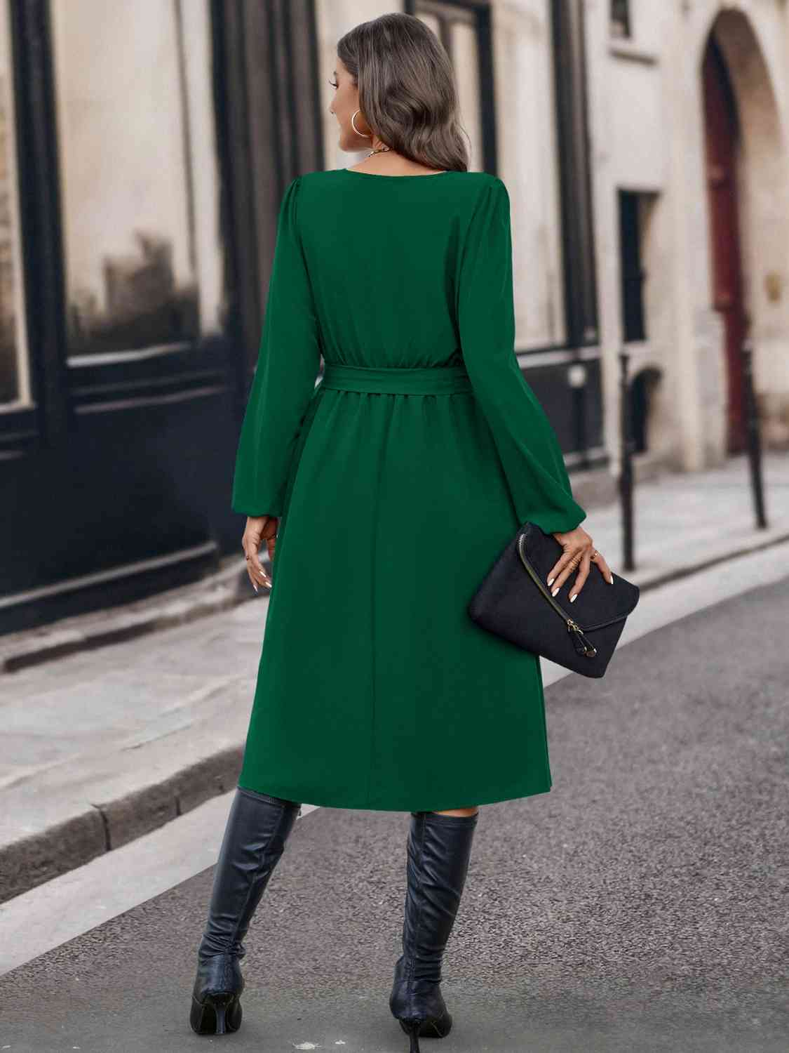 Buttoned Tie Front Long Sleeve Asymmetrical Neck Dress - Loulou Boutique