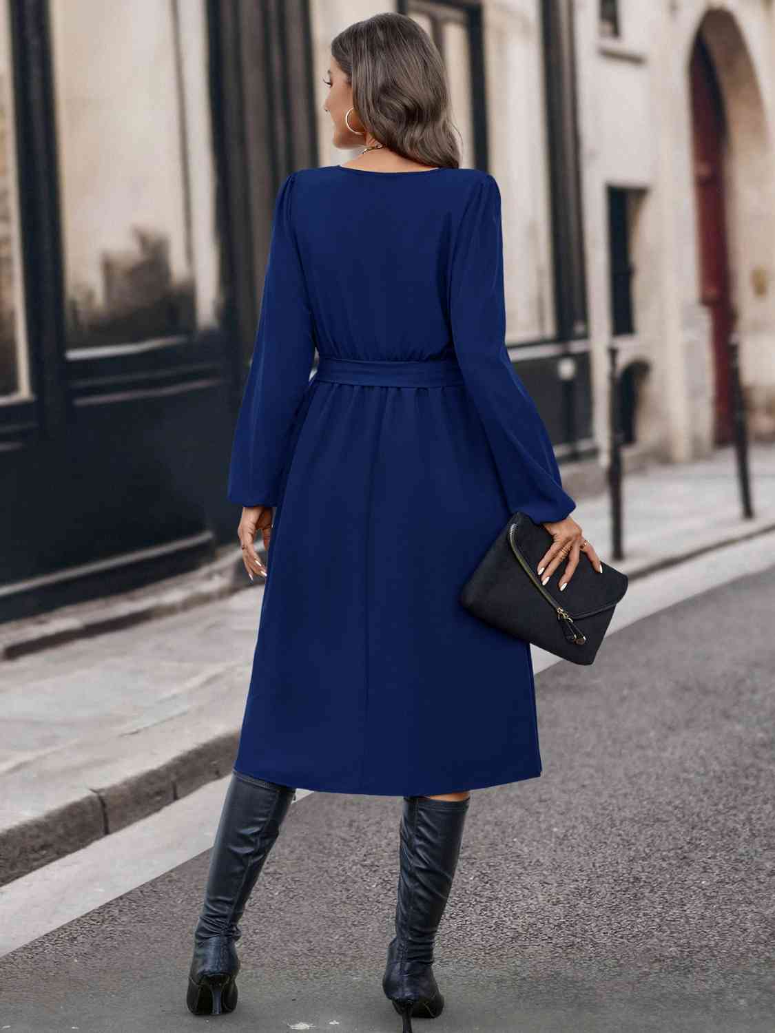 Buttoned Tie Front Long Sleeve Asymmetrical Neck Dress - Loulou Boutique