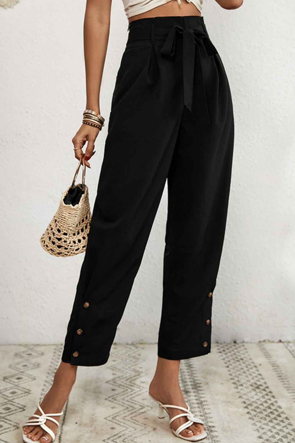 Buttoned Tie - Waist Cropped Pants - Loulou Boutique