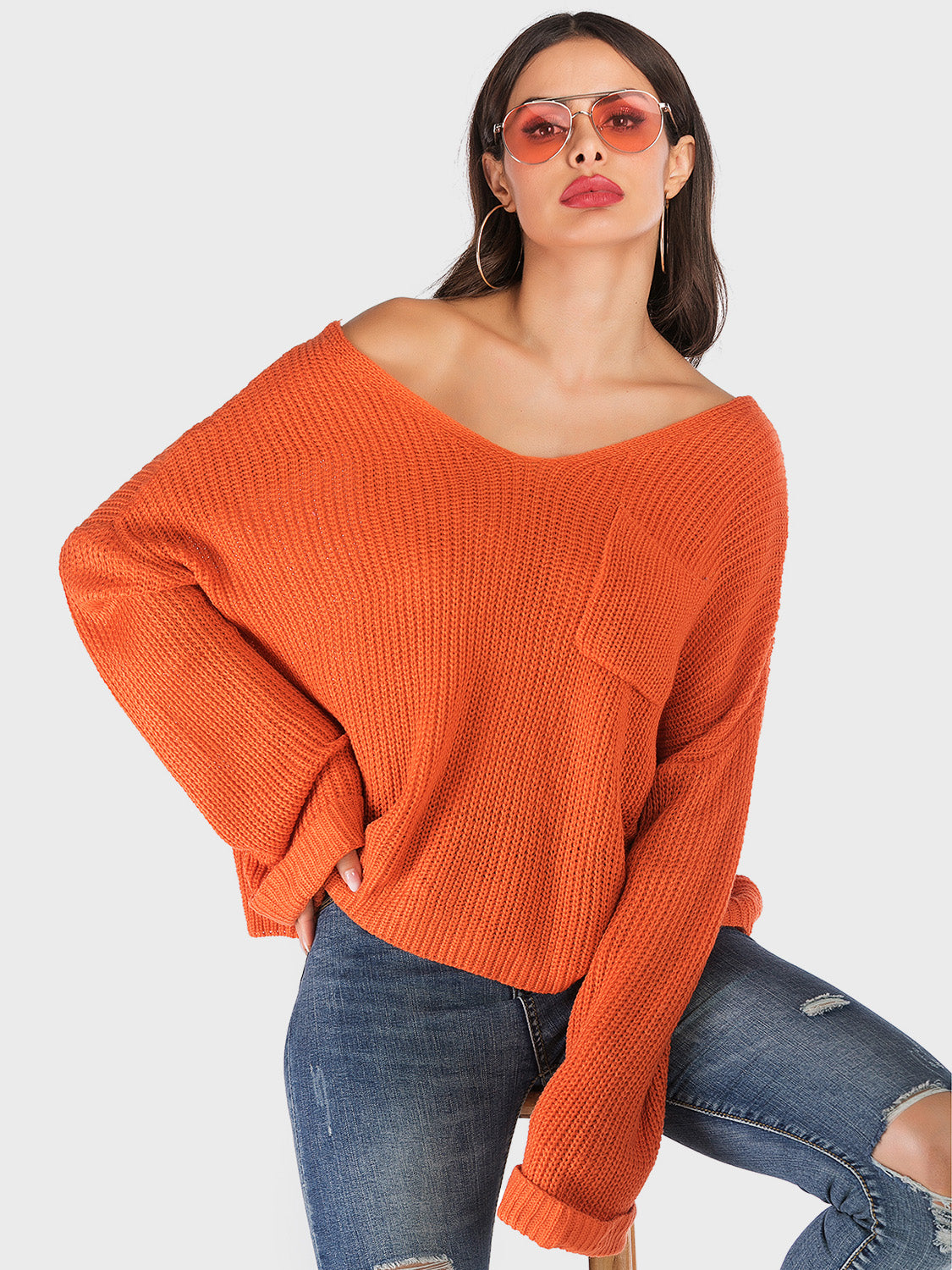 Perfee V-Neck Dropped Shoulder Long Sleeve Sweater