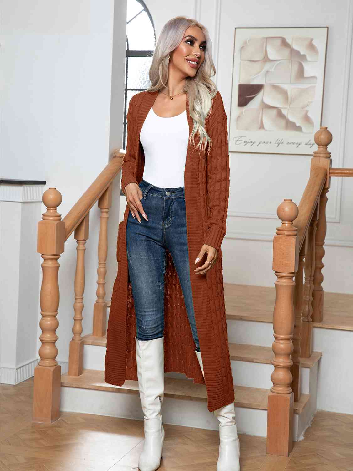Cable - Knit Open Front Cardigan with Pockets - Loulou Boutique