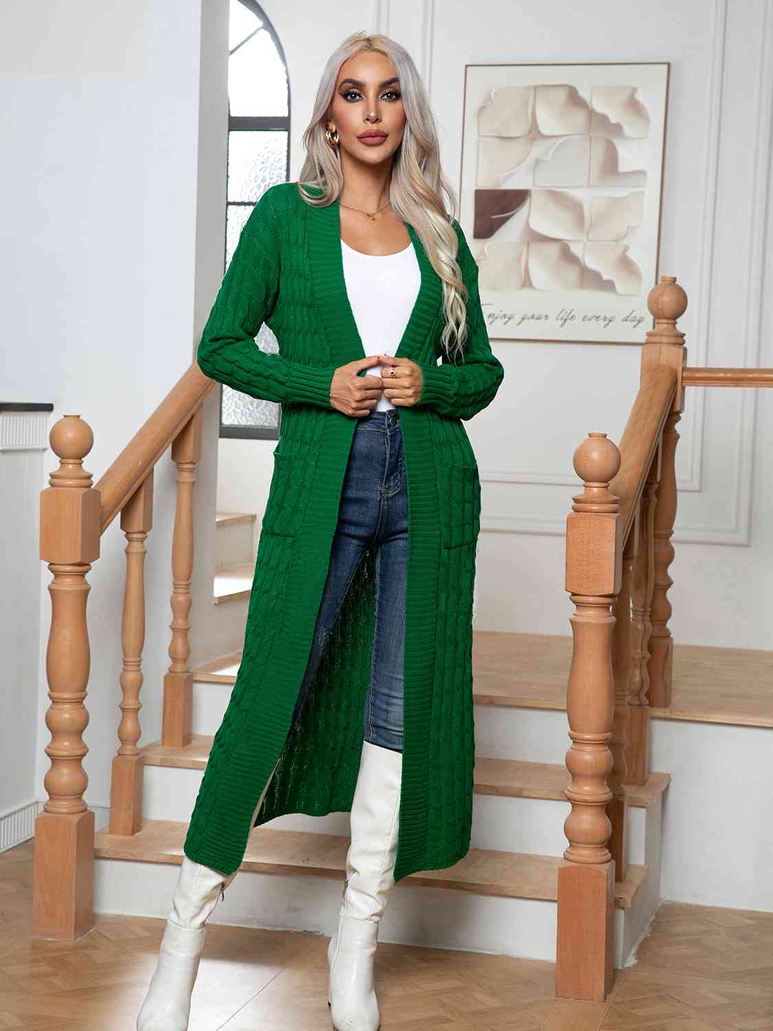 Cable - Knit Open Front Cardigan with Pockets - Loulou Boutique