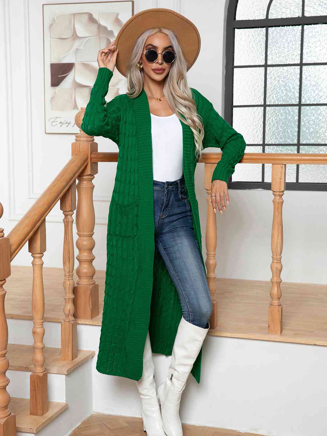 Cable - Knit Open Front Cardigan with Pockets - Loulou Boutique