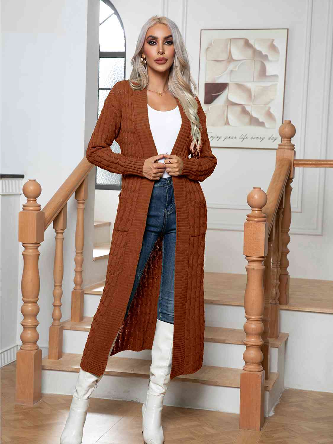Cable - Knit Open Front Cardigan with Pockets - Loulou Boutique