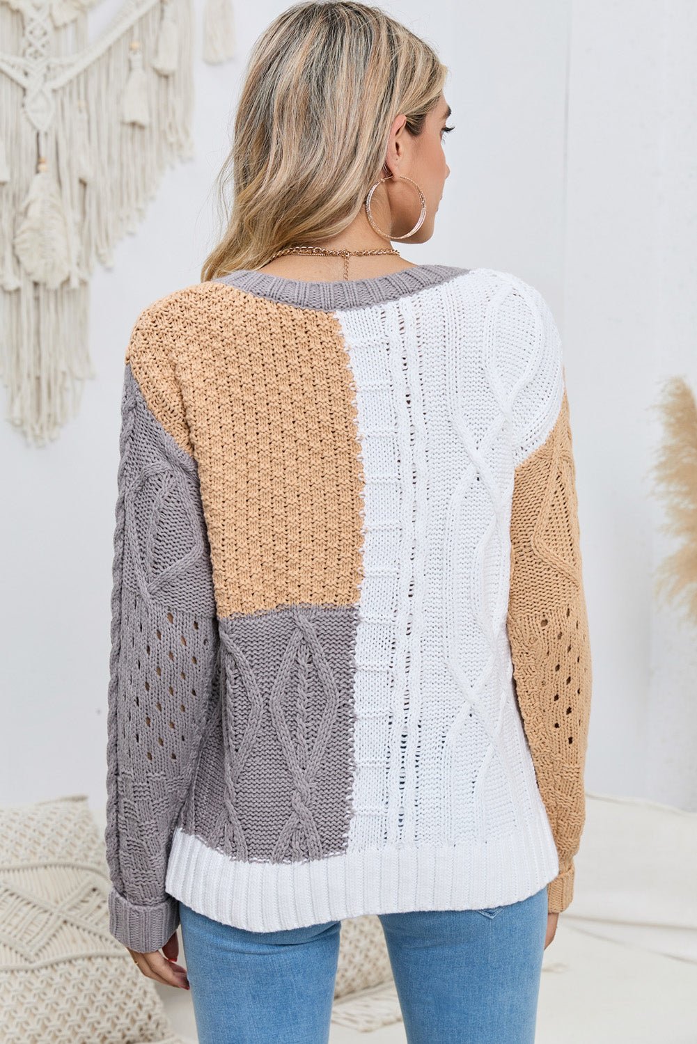 Cable - Knit Openwork Round Neck Color Block Sweater - Loulou Boutique