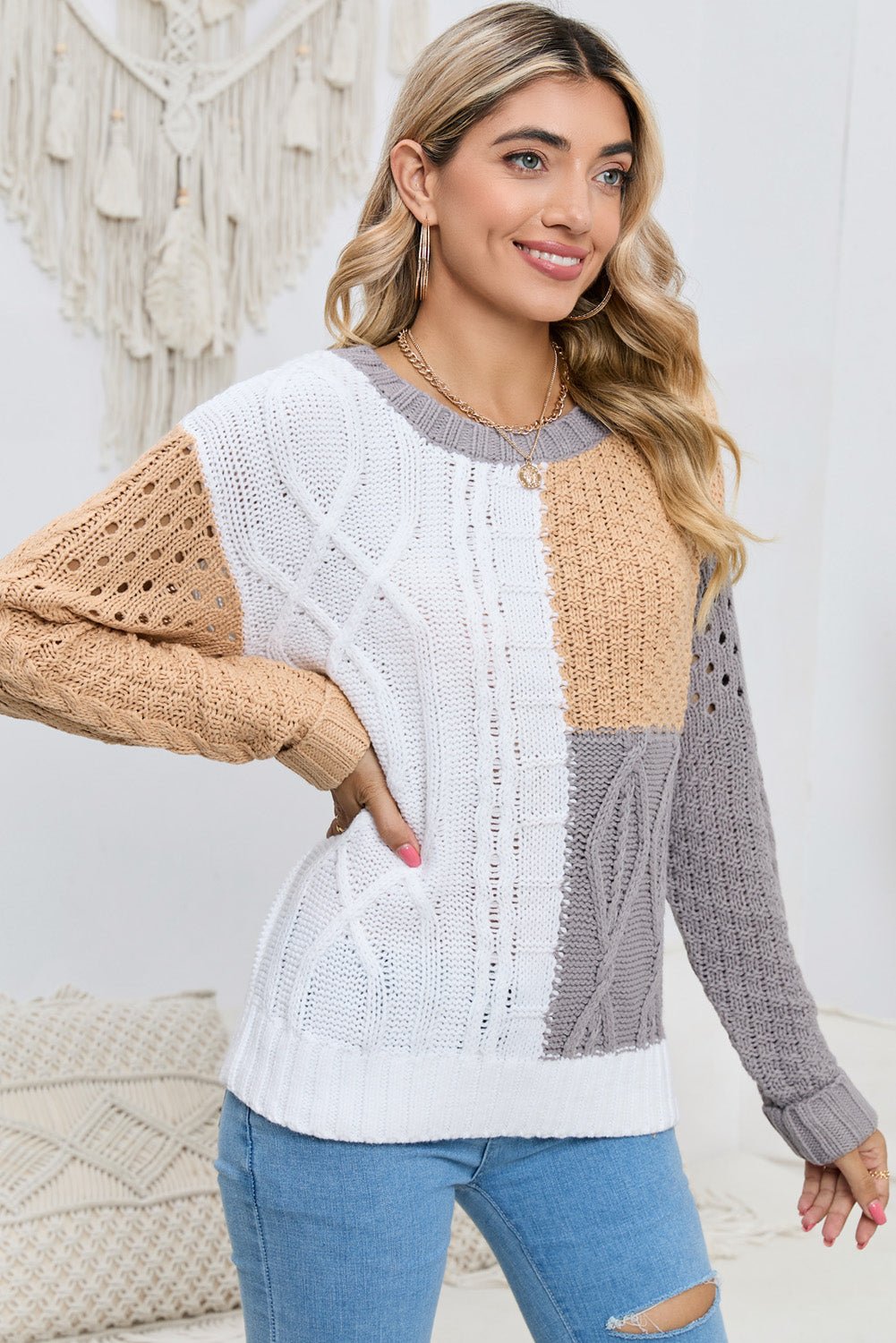 Cable - Knit Openwork Round Neck Color Block Sweater - Loulou Boutique