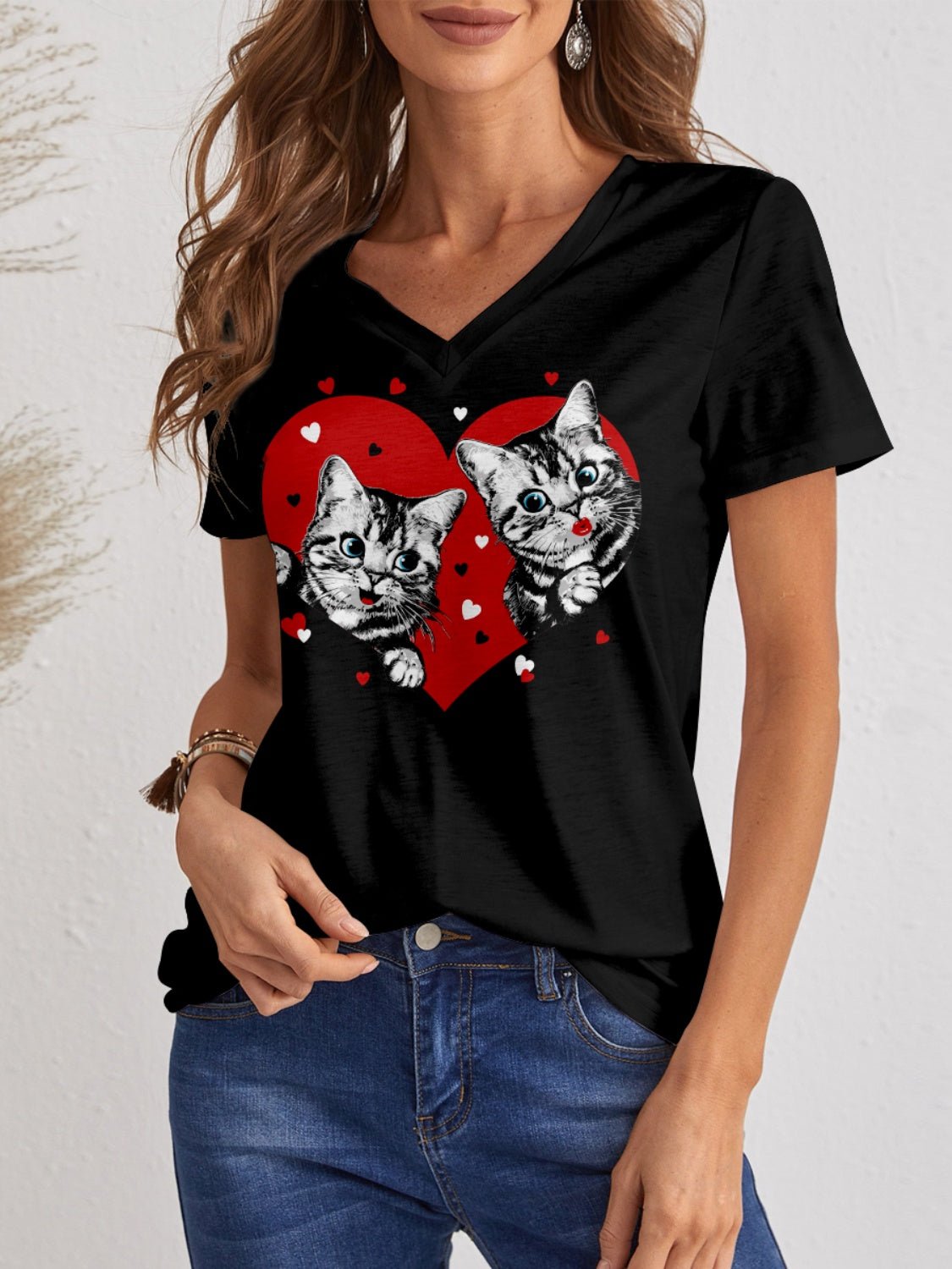 Cat V - Neck Short Sleeve T-Shirt - Loulou Boutique