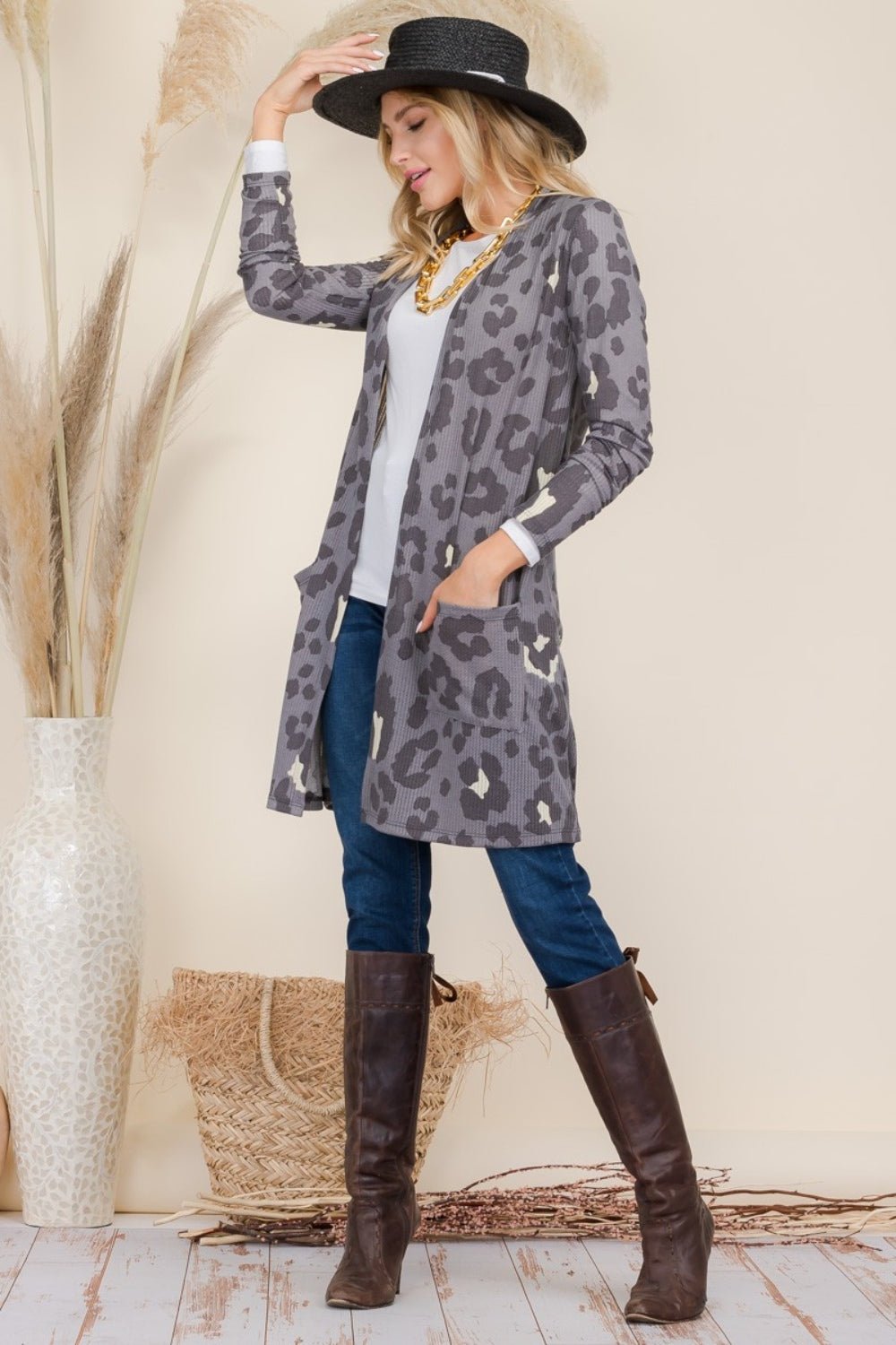 Celeste Full Size Leopard Open Front Contrast Cardigan - Loulou Boutique