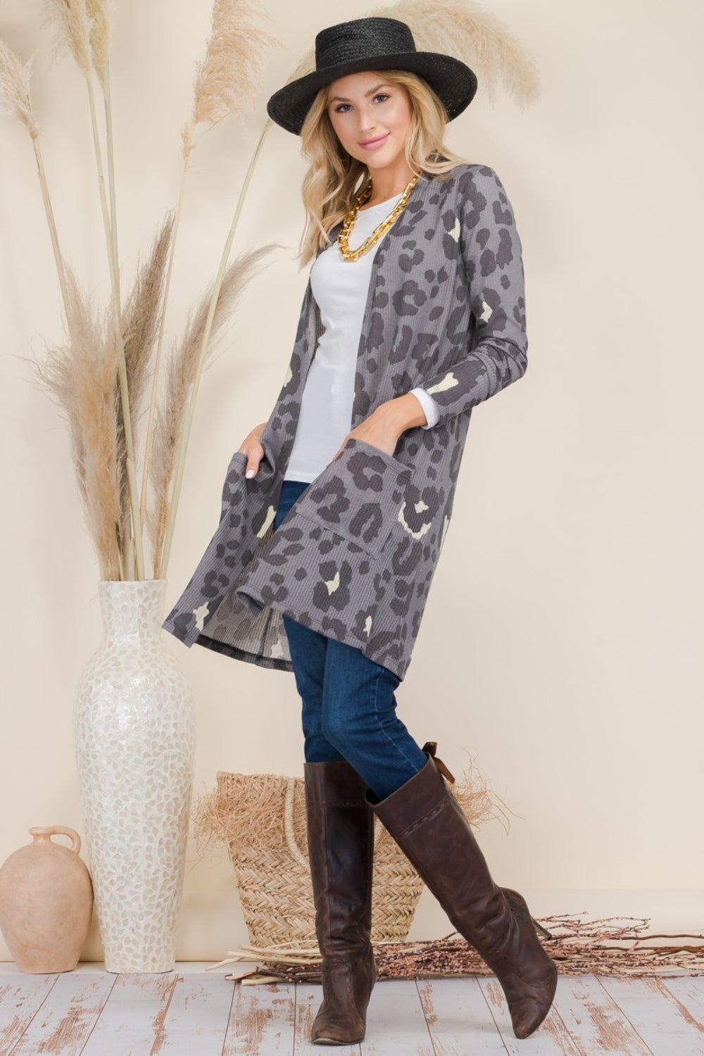 Celeste Full Size Leopard Open Front Contrast Cardigan - Loulou Boutique
