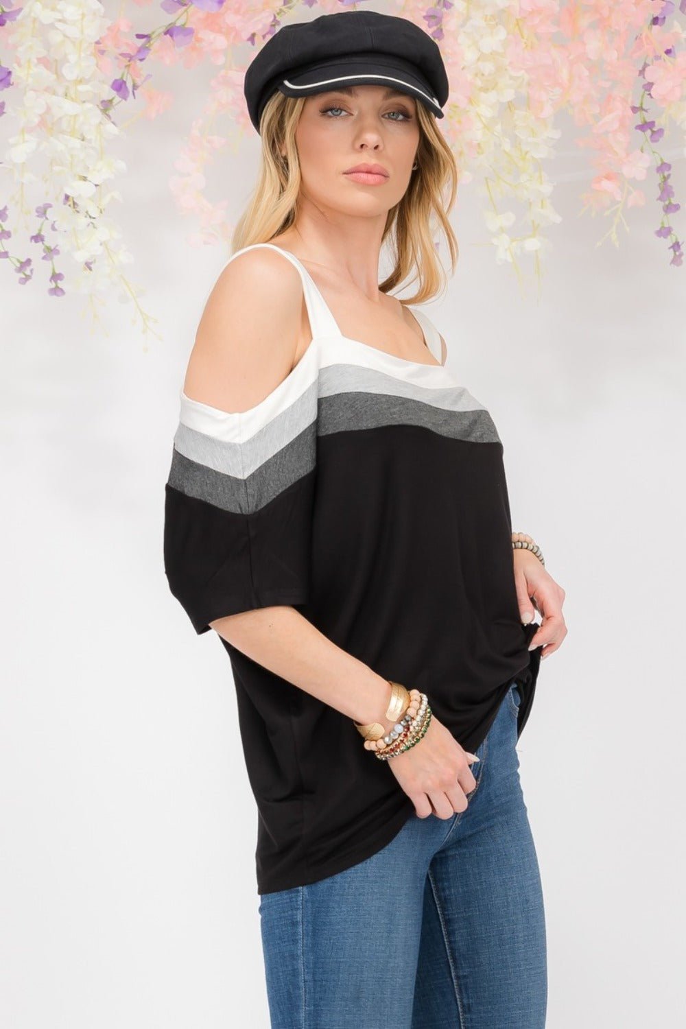 Celeste Full Size Striped Cold Shoulder Top - Loulou Boutique