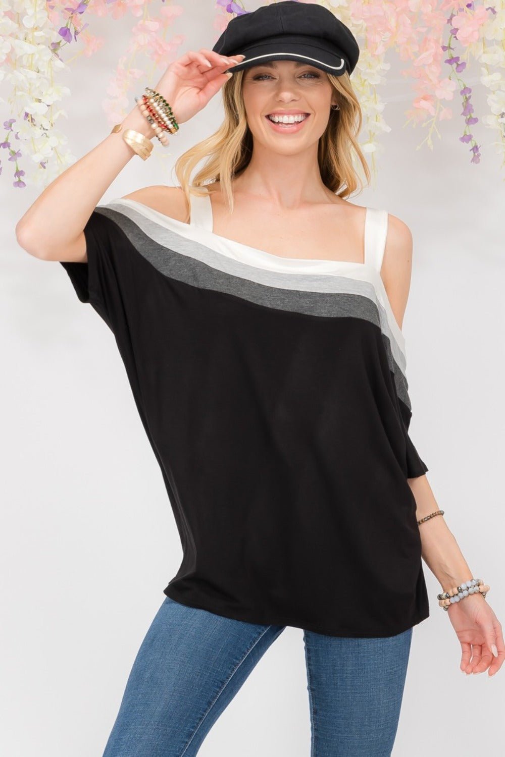 Celeste Full Size Striped Cold Shoulder Top - Loulou Boutique