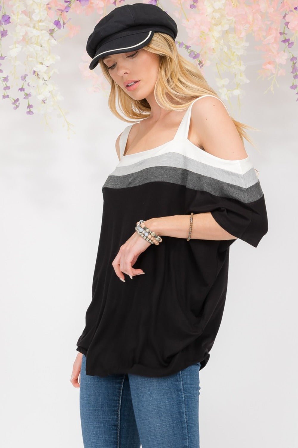 Celeste Full Size Striped Cold Shoulder Top - Loulou Boutique