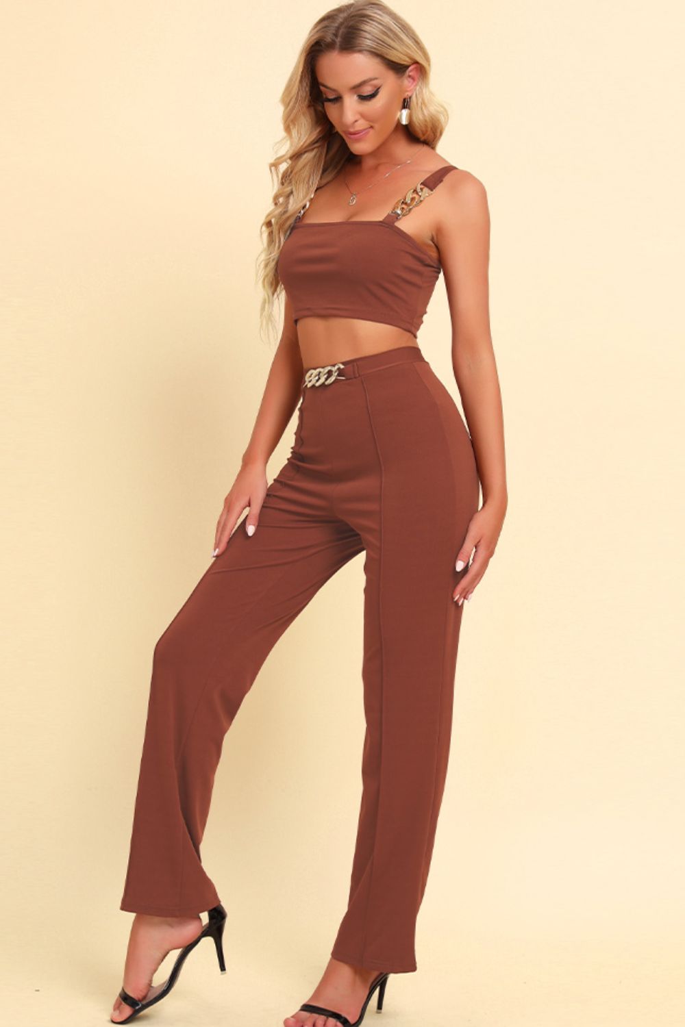 Chain Detail Cropped Cami and Straight Leg Pants Set - Loulou Boutique