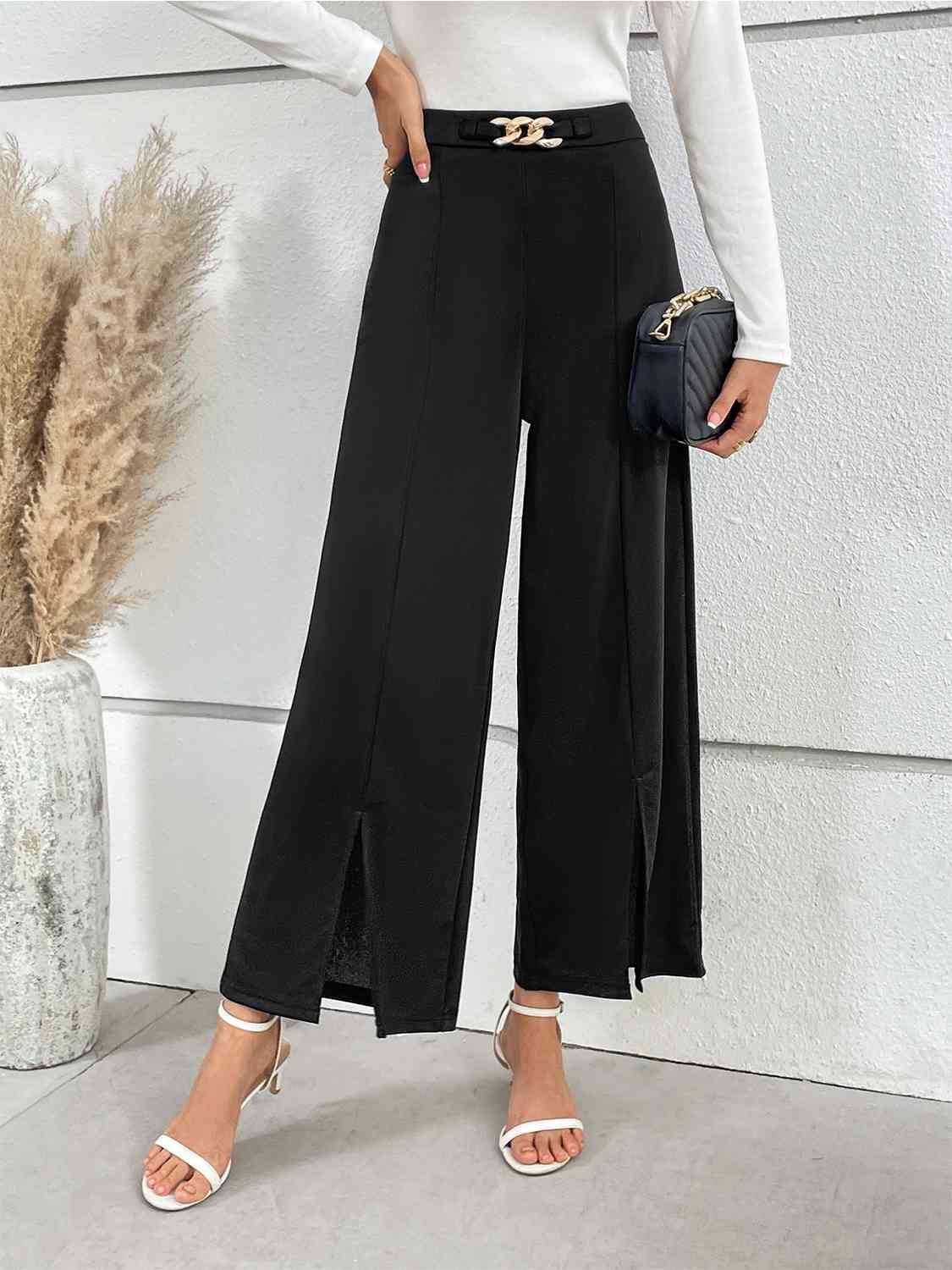 Chain Detail Slit Straight Pants - Loulou Boutique