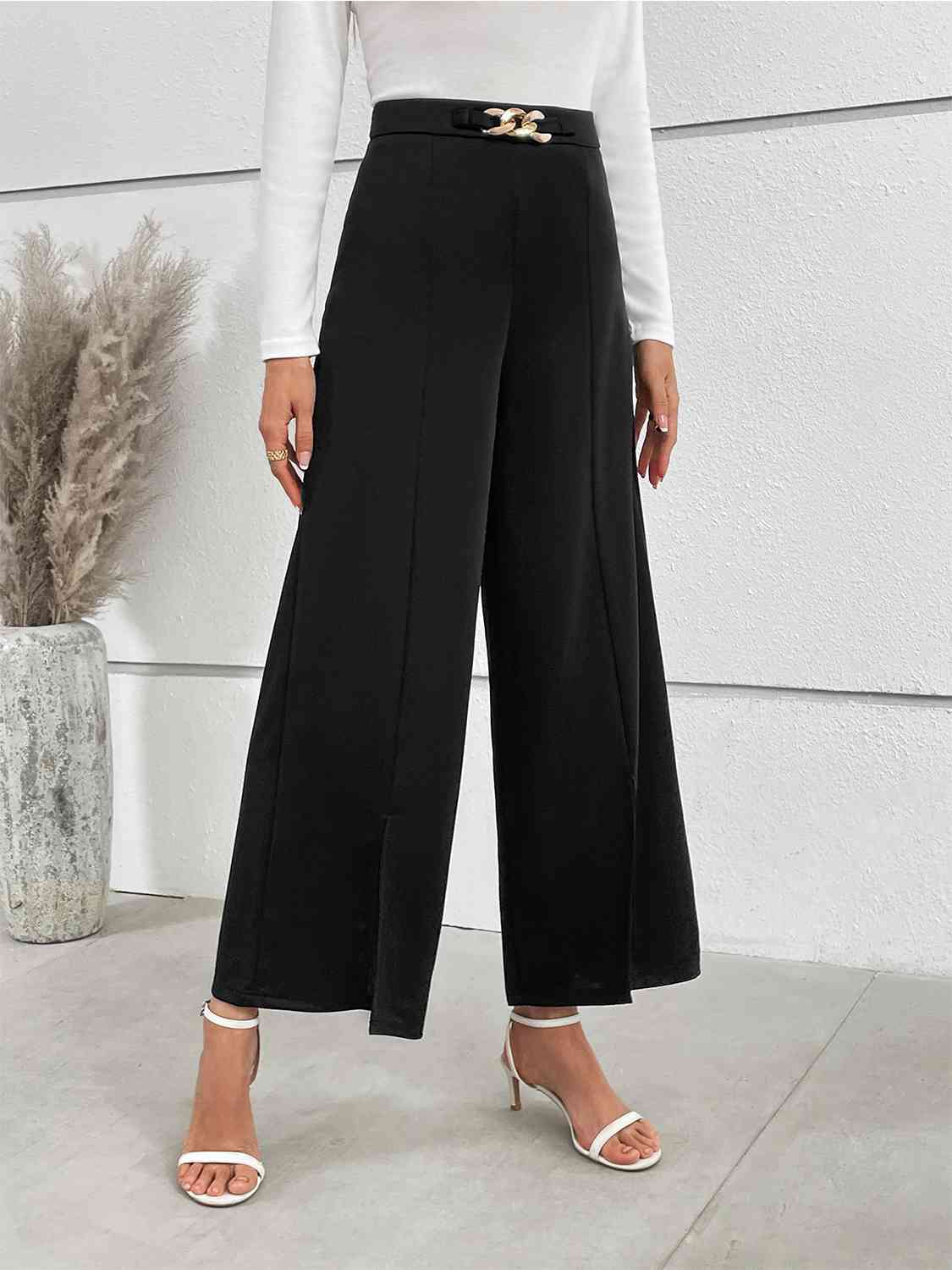 Chain Detail Slit Straight Pants - Loulou Boutique