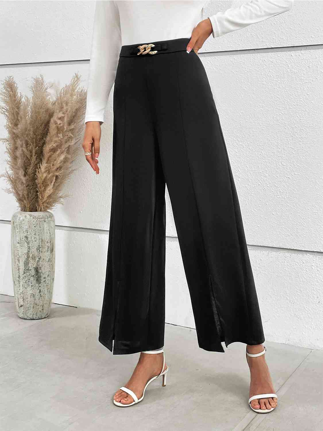 Chain Detail Slit Straight Pants - Loulou Boutique