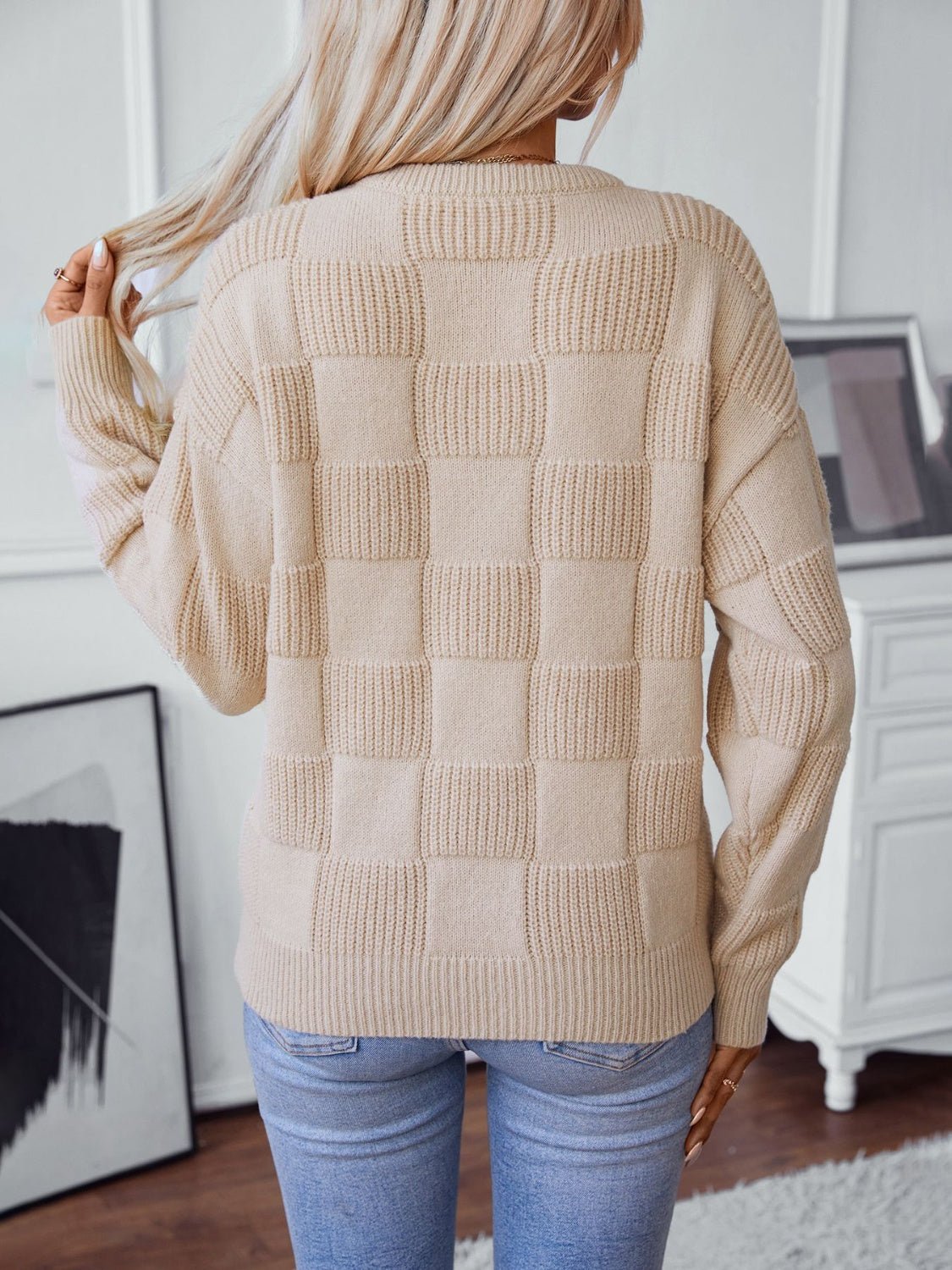 Checkered Round Neck Long Sleeve Sweater - Loulou Boutique