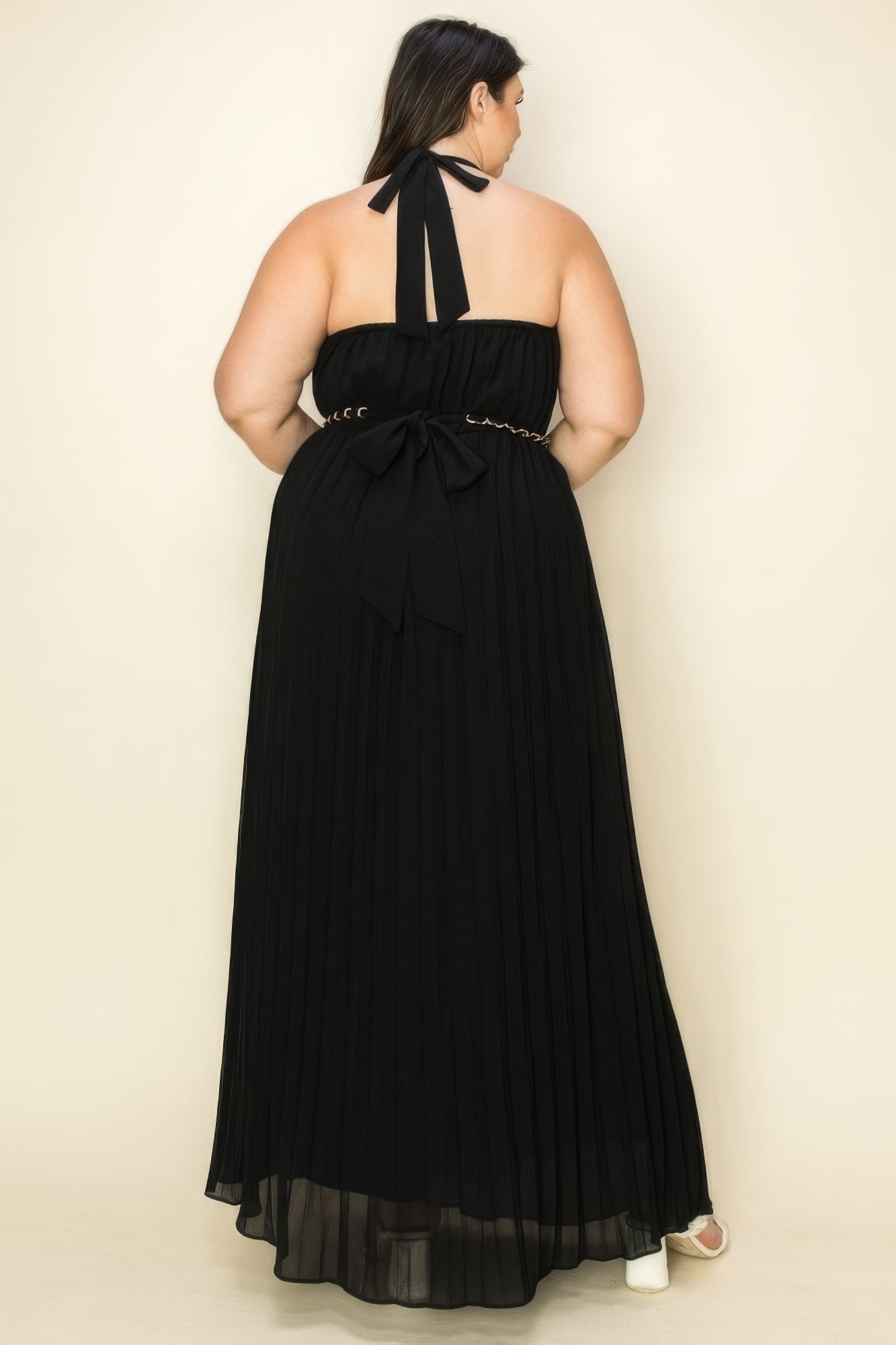 Chiffon Pleated Gold Trim Neck & Belt Cut Out Chest Maxi Dress - Loulou Boutique