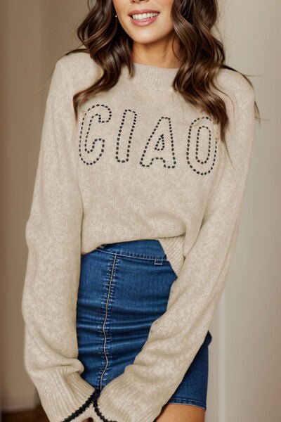 CIAO Round Neck Dropped Shoulder Sweater - Loulou Boutique