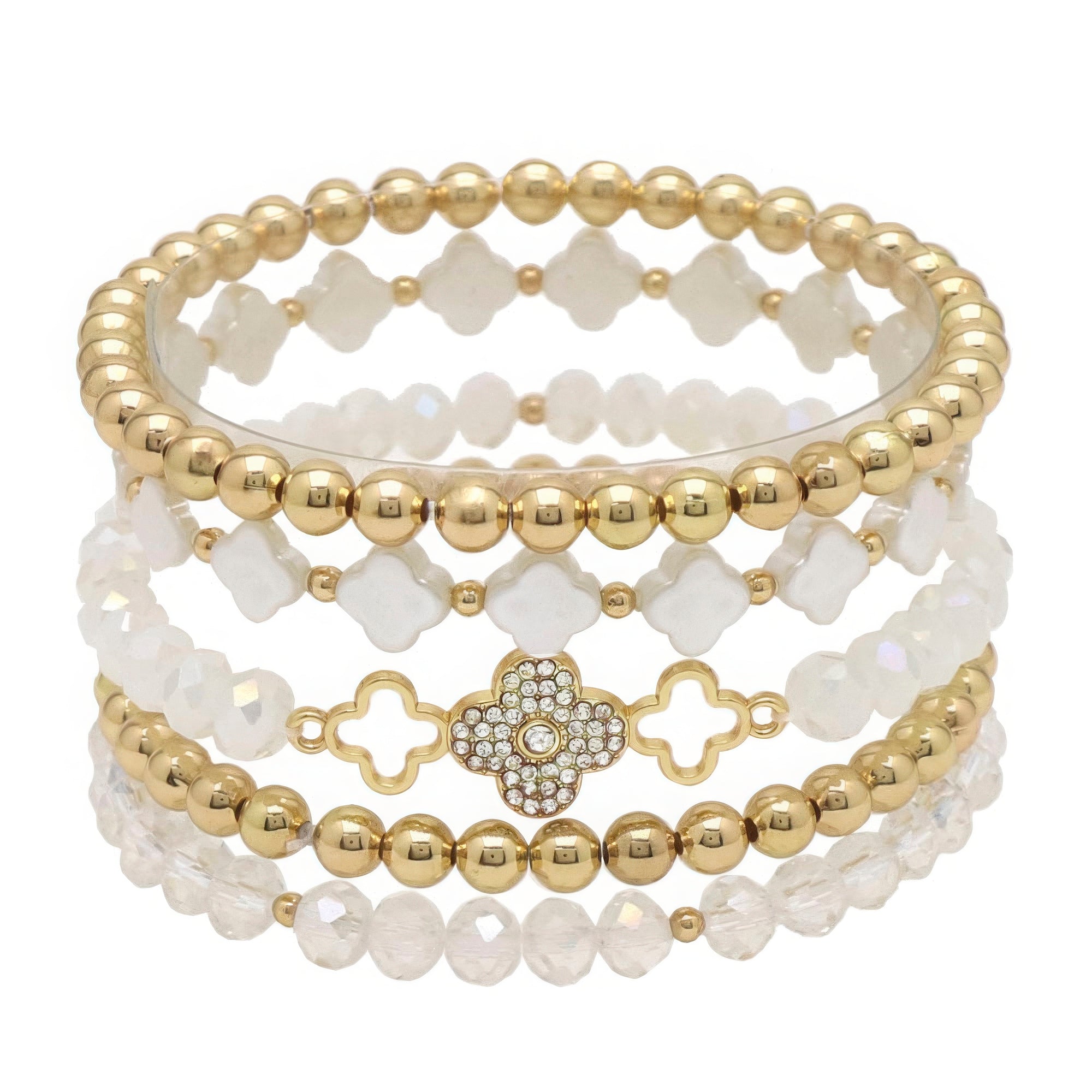 Clover Metal Pearl Rhinestone Stretch Bracelet Set - Loulou Boutique