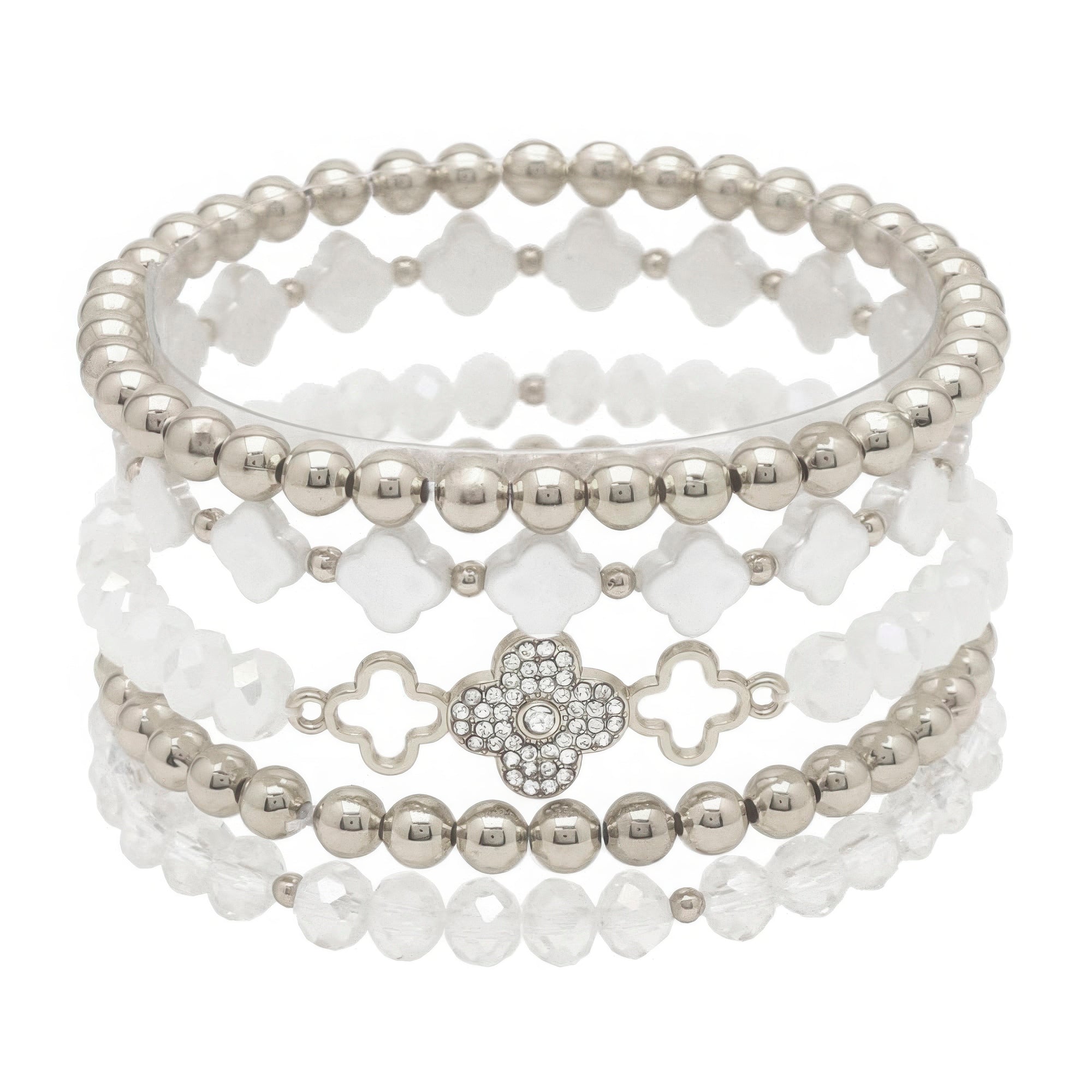 Clover Metal Pearl Rhinestone Stretch Bracelet Set - Loulou Boutique