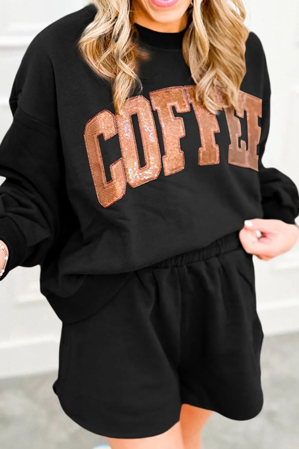 COFFEE Sequin Round Neck Long Sleeve Top and Shorts Set - Loulou Boutique