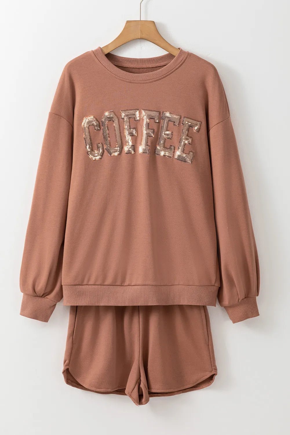 COFFEE Sequin Round Neck Long Sleeve Top and Shorts Set - Loulou Boutique