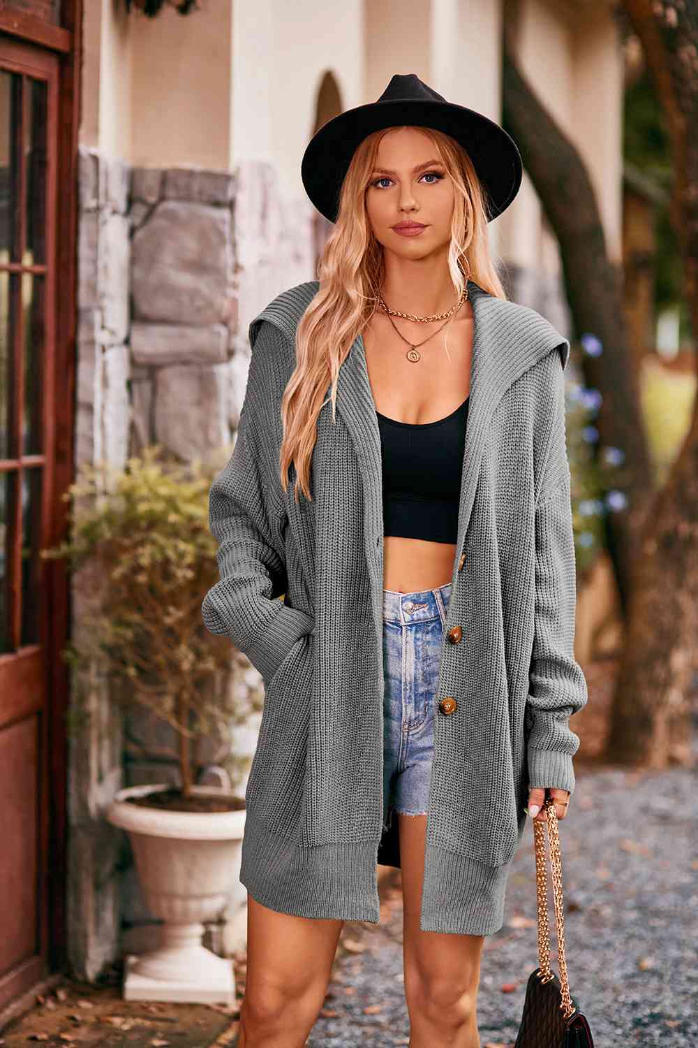 Collared Neck Button - Up Cardigan with Pockets - Loulou Boutique