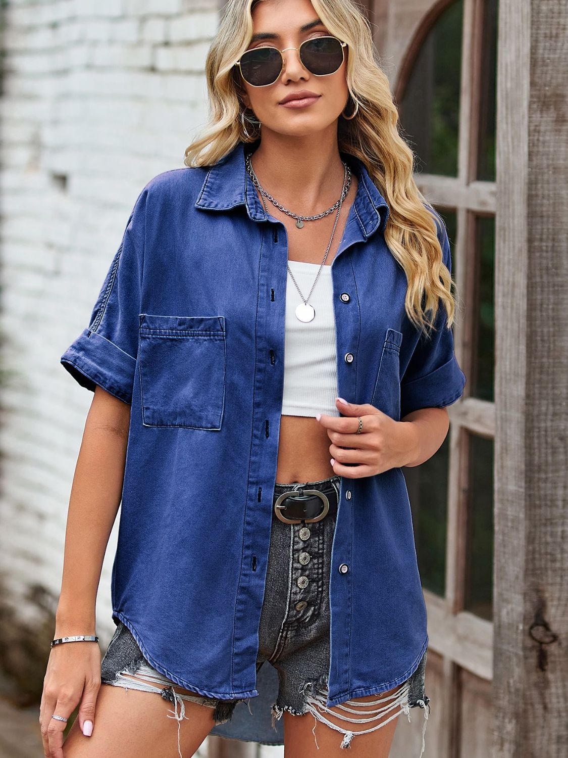 Collared Neck Denim Jacket with Pockets - Loulou Boutique