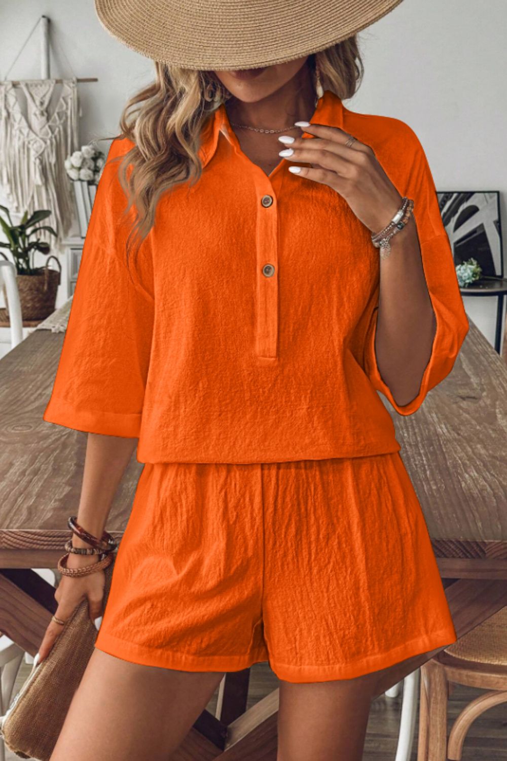 Collared Neck Half Sleeve Top and Shorts Set - Loulou Boutique