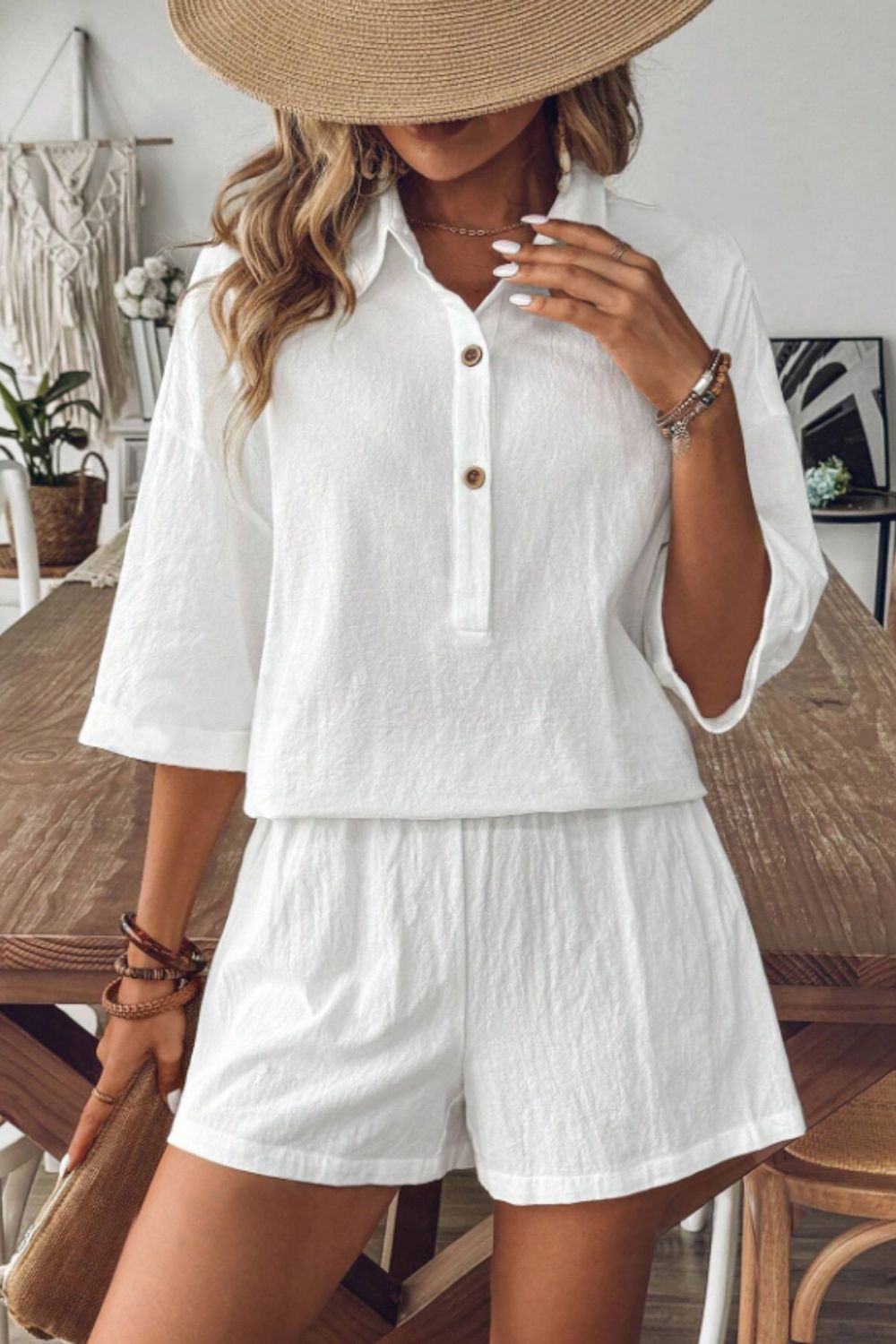 Collared Neck Half Sleeve Top and Shorts Set - Loulou Boutique