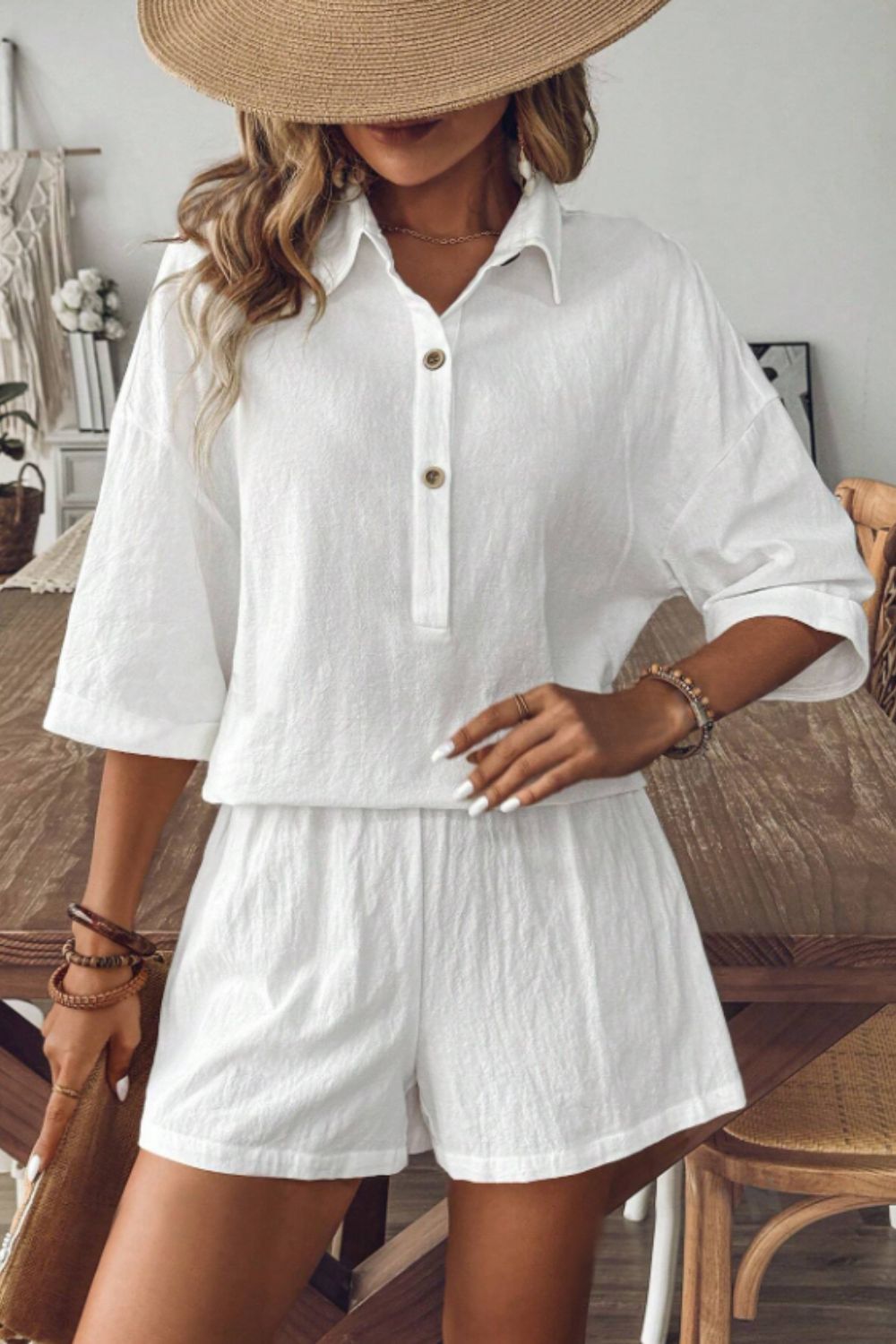 Collared Neck Half Sleeve Top and Shorts Set - Loulou Boutique