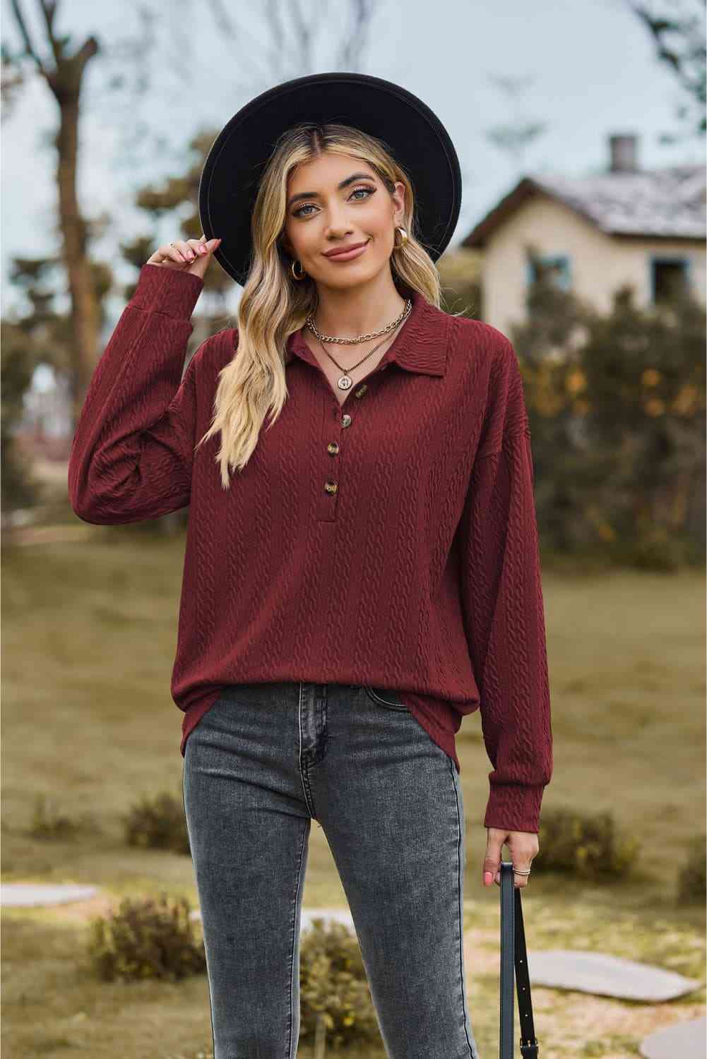 Collared Neck Long Sleeve Blouse - Loulou Boutique