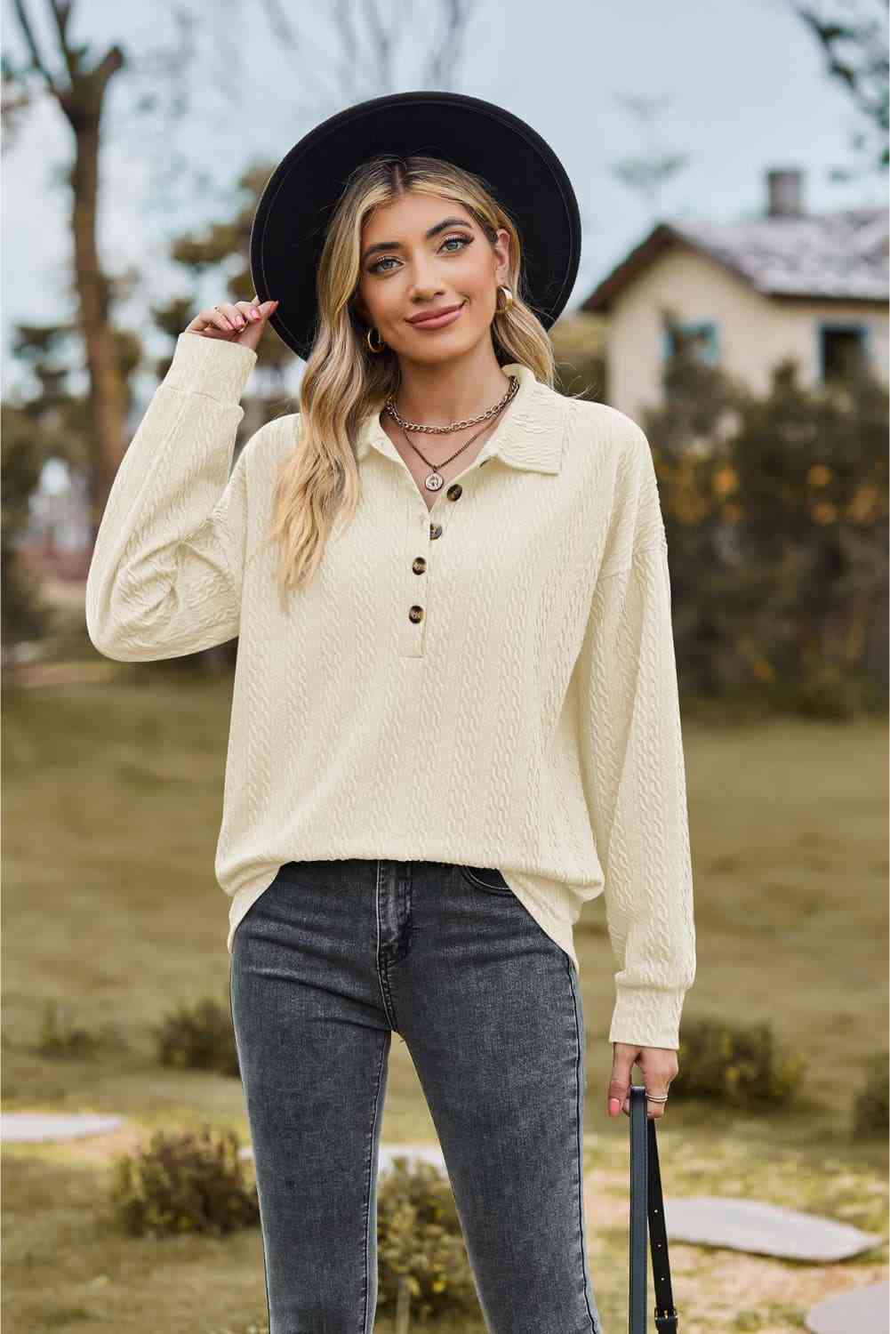 Collared Neck Long Sleeve Blouse - Loulou Boutique