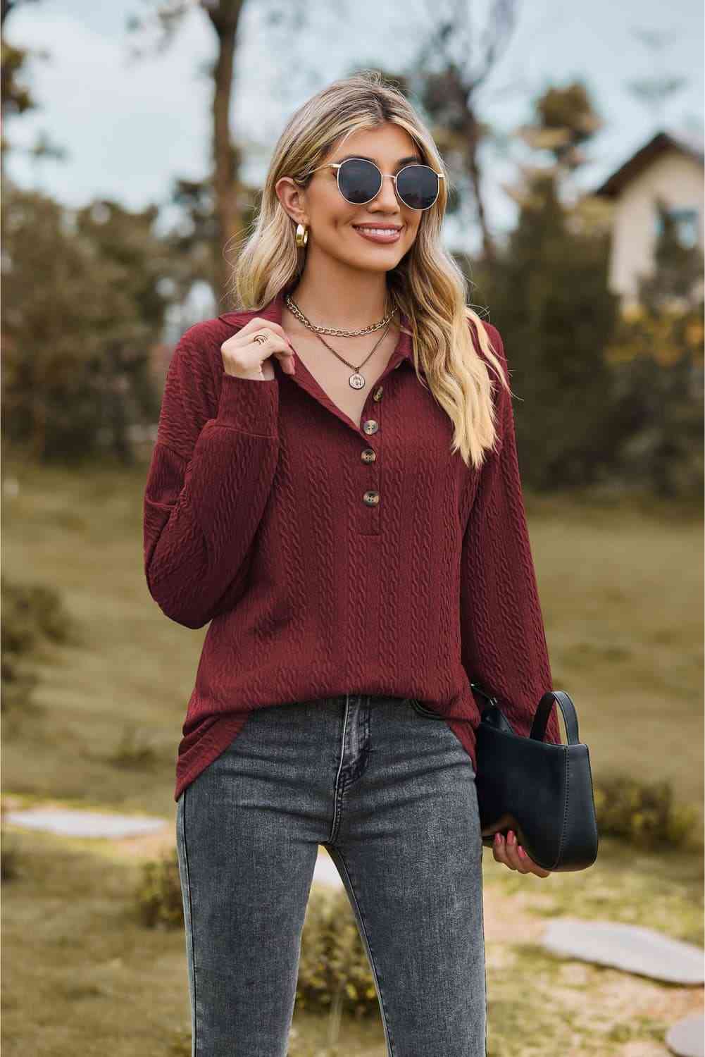 Collared Neck Long Sleeve Blouse - Loulou Boutique